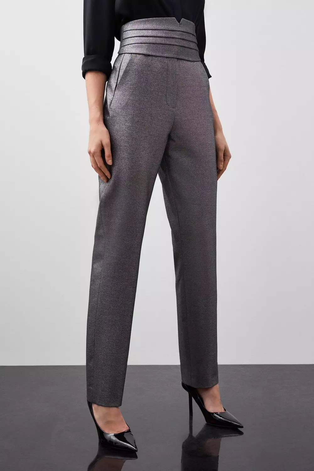 Tailored Compact Stretch Sparkle Satin Cummerbund Pants